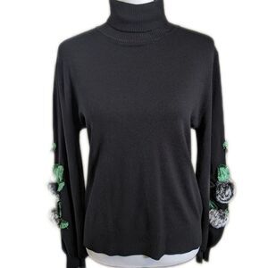 Sioni Milano black turtleneck thin knit sweater, balloon sleeves w/ faux fur M